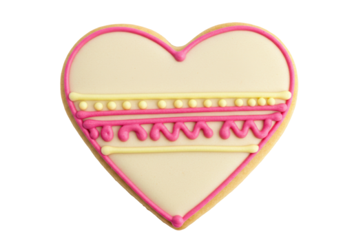 Heart shaped cookie with pink and yellow icing isolated, sweet treat for Valentine s Day