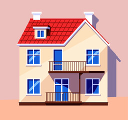 Cozy Two-Story Home with Red Roof and Balconies