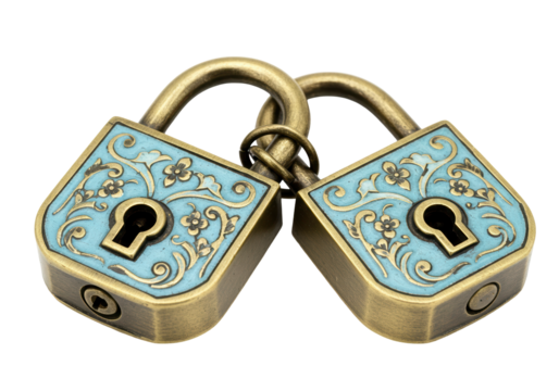 Two ornate padlocks linked together isolated on white, antique brass love locks for wedding