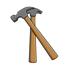 Two crossed hammers rustic wooden handles tool icon symbol concept construction diy repair isolated on white background