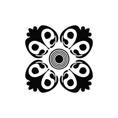 Black abstract circular motif with four stylized figures