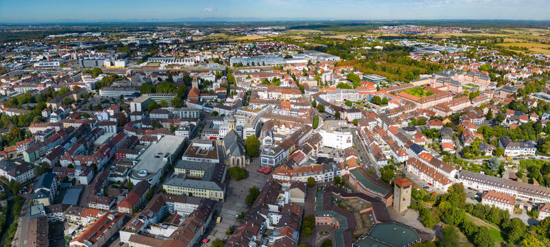 Aerial view around the old town of the city Bruchsal in Germany on a sunny spring day