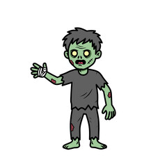 Cartoon zombie character in color version with green skin and ragged clothes. Funny and spooky mascot perfect for Halloween, horror, comic, and creepy design projects