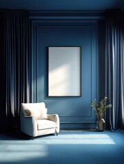 Empty framed art in a blue-toned room, with a white armchair and elegant drapes