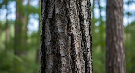 Obraz premium Closeup of tree trunk bark in a forest with blurred background