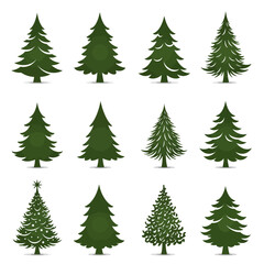 Collection of twelve diverse christmas tree designs ready for holiday decoration and design projects isolated on white background