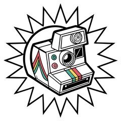 Retro camera with colorful stripes and starburst vintage