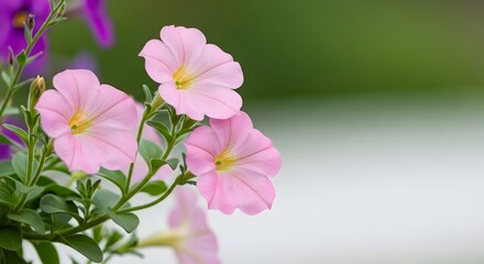 Fototapeta premium Closeup of light pink petunia flowers with a soft green background outdoors