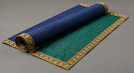 Luxurious Rolled Silk Carpet in Deep Blue and Emerald Green with Ornate Gold Patterned Border High Quality Traditional Rug for Palace Style Interior Design Decor and Flooring