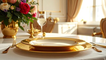 Elegant dining table setting with golden plates, flowers, and wine glass