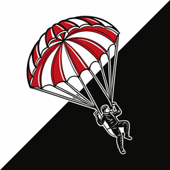Skydiver with red and white parachute descending on black and white background
