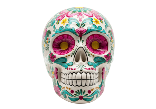 Day of the Dead sugar skull isolated on transparent background, colorful calavera PNG