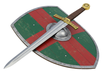 Medieval sword and shield isolated on white, knightly arms for historical reenactment and fantasy