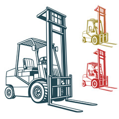 Teal forklift and colorful forklift outlines industrial