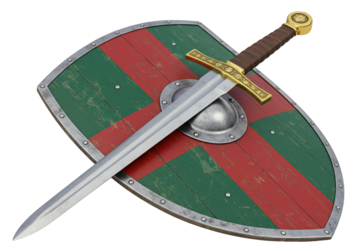 Medieval sword and shield isolated on white, knightly arms for historical reenactment and fantasy