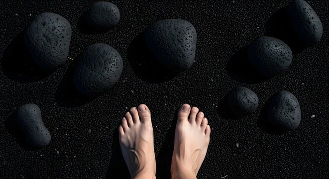 Bare feet stand on black sand surrounded by dark volcanic rocks outdoors