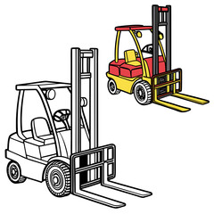 Two forklifts one black and white one colorful industrial