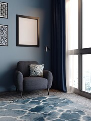 A cozy corner with a dark blue chair, rug, and curtains next to a bright window with art