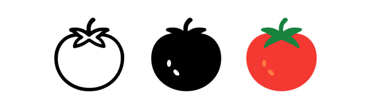 Minimalist tomato icons in flat style: outline, solid, and colorful versions