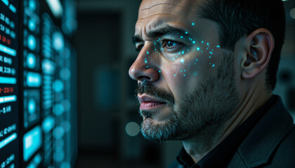 Man scanning ID for banking with facial recognition technology  