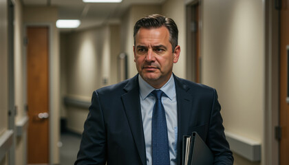Fototapeta premium Businessman walking through a hallway with folders in hand 