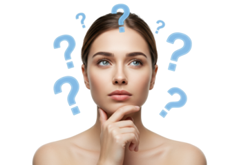 Pensive woman with question marks isolated on transparent background, thinking and problem solving