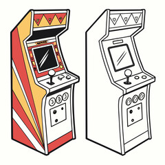 Vintage arcade game machine with red yellow and white design