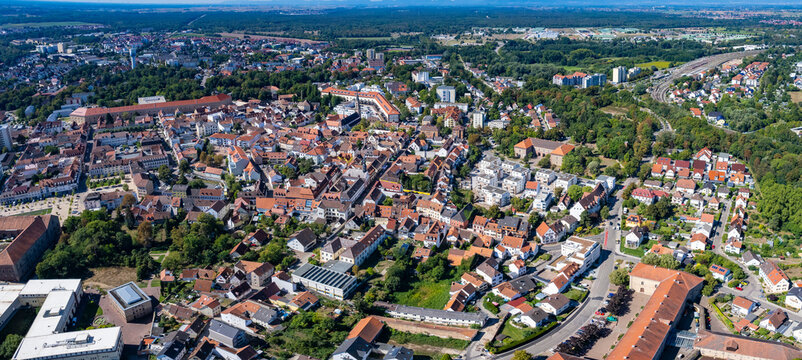 Aerial view around the old town of Germersheim in Germany on a sunny early spring noon