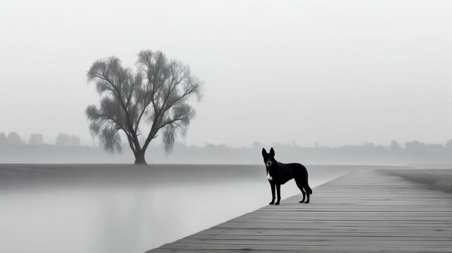 Black dog stands on a pier next to a tree. The scene is quiet and peaceful, with the dog looking out over the water - Powered by Adobe