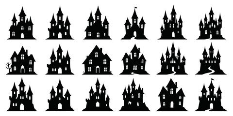 haunted castle silhouette icons , spooky towers, gothic house, fortress on hill