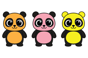 Cute panda vector set featuring three colorful pandas in yellow, pink, and orange tones. Perfect for kids’ prints, stickers, and clipart.
