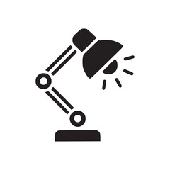 A simple illustration of a dark blue desk lamp with a light bulb on a white background space here