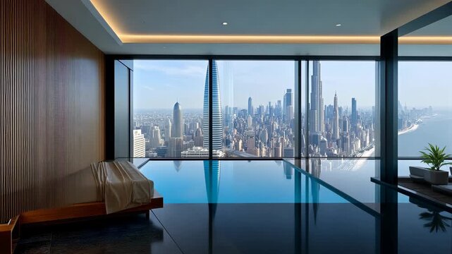 Luxurious hotel suite offers stunning views of city skyline and waterfront from balcony with private pool in Dubai