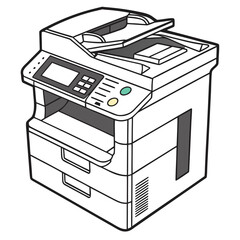 White photocopier with colorful buttons and screen