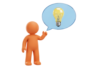 Orange cartoon character with light bulb in speech bubble isolated on transparent PNG, idea concept