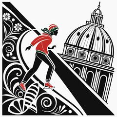 Woman in red jacket ice skating near dome building