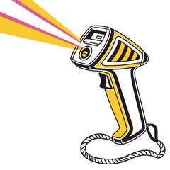 Yellow and black barcode scanner with pink and yellow laser beams