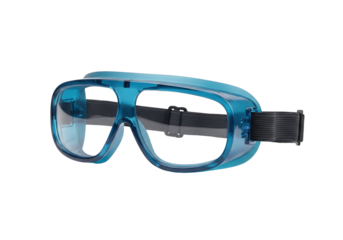 Blue plastic safety goggles isolated on transparent background, eye protection equipment
