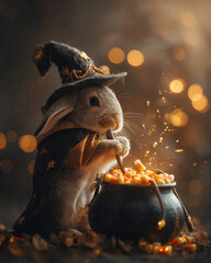 Adorable rabbit wizard mixing candy in a glowing cauldron