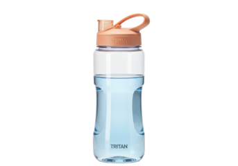 Reusable water bottle with handle isolated on white, clear plastic container for hydration