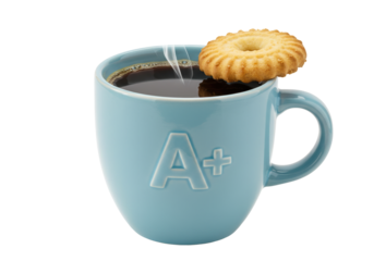 Blue mug with coffee and cookie isolated on white, breakfast refreshment concept