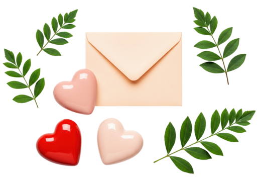 Peach envelope with hearts and green leaves isolated on white, romantic message concept