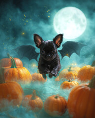 Black puppy with bat wings flying over pumpkins under moonlight