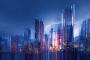 Abstract city skyline with blurred lines, illuminated with red and blue hues