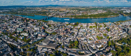 Aerial view around the old town of the city Mainz in Germany on a sunny spring day