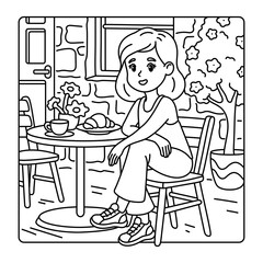 Girl sitting near a cafe. Coloring page for children and adults.
