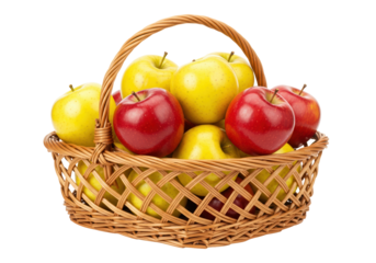 Basket full of red and yellow apples isolated on a clean background, fresh fruit harvest
