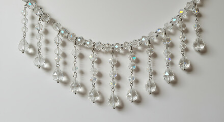 Close up Detail of Exquisite Crystal Bead Necklace with Sparkling Droplets Elegant Fashion Jewelry Accessory for Bridal Wear and Formal Occasions Luxury Handmade Craftsmanship