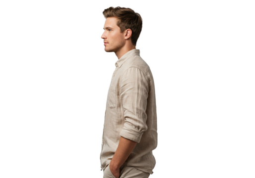 Handsome man in a linen shirt isolated on transparent background, casual fashion PNG - Powered by Adobe