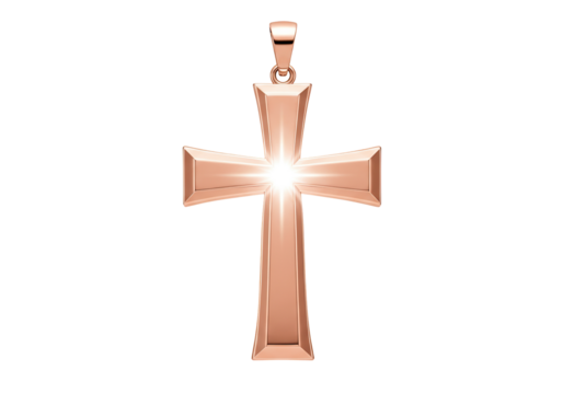 Rose gold cross pendant isolated on transparent background, religious symbol PNG